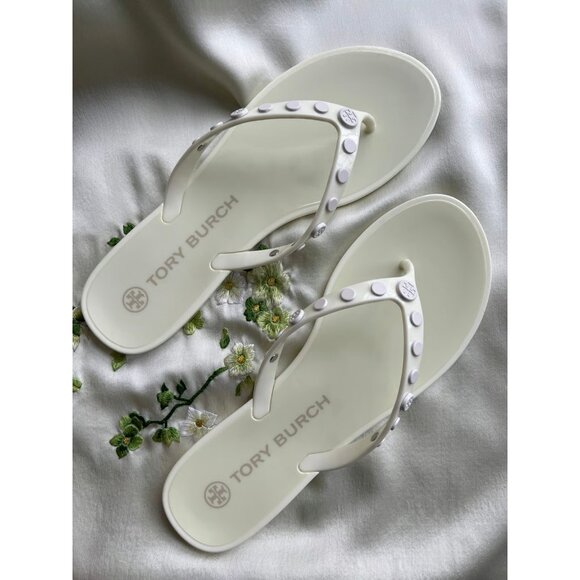 Tory Burch Women's New Ivory Studded Jelly Thong Flat Sandals Size 11 - Picture 1 of 5